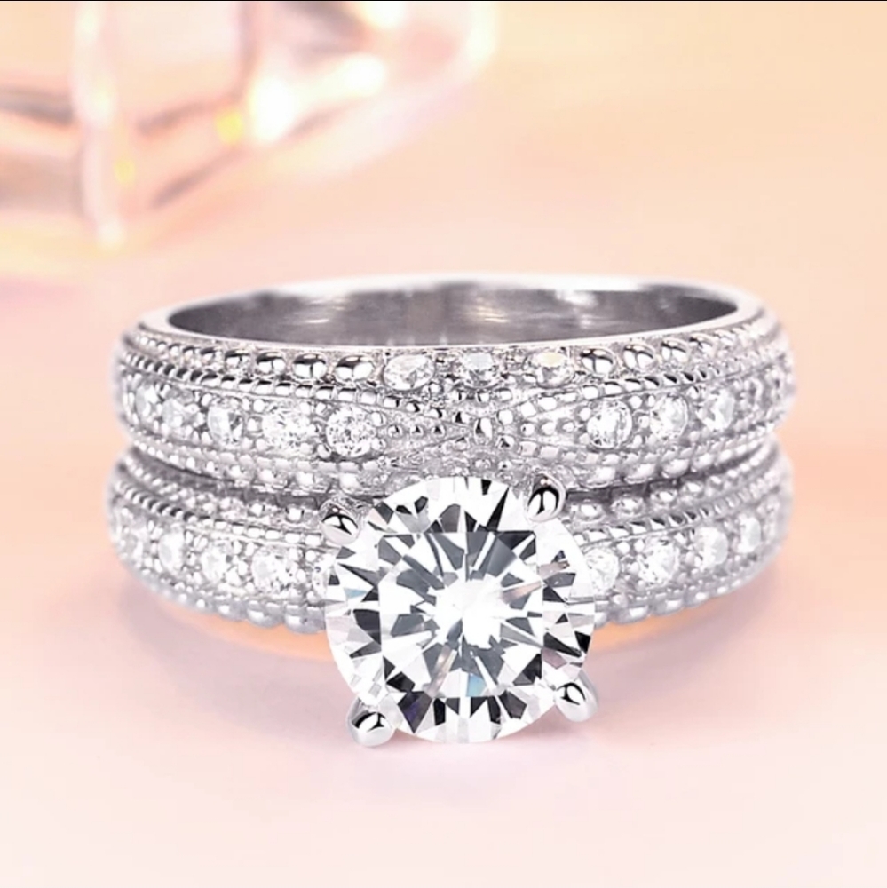 925 Sterling Silver CZ wedding Ring Set - Picture 5 of 8